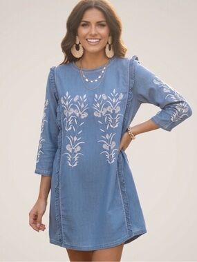 Goodnight Macaroon Amilia Chambray Embroidered Boho Mini Dress Blue Size S